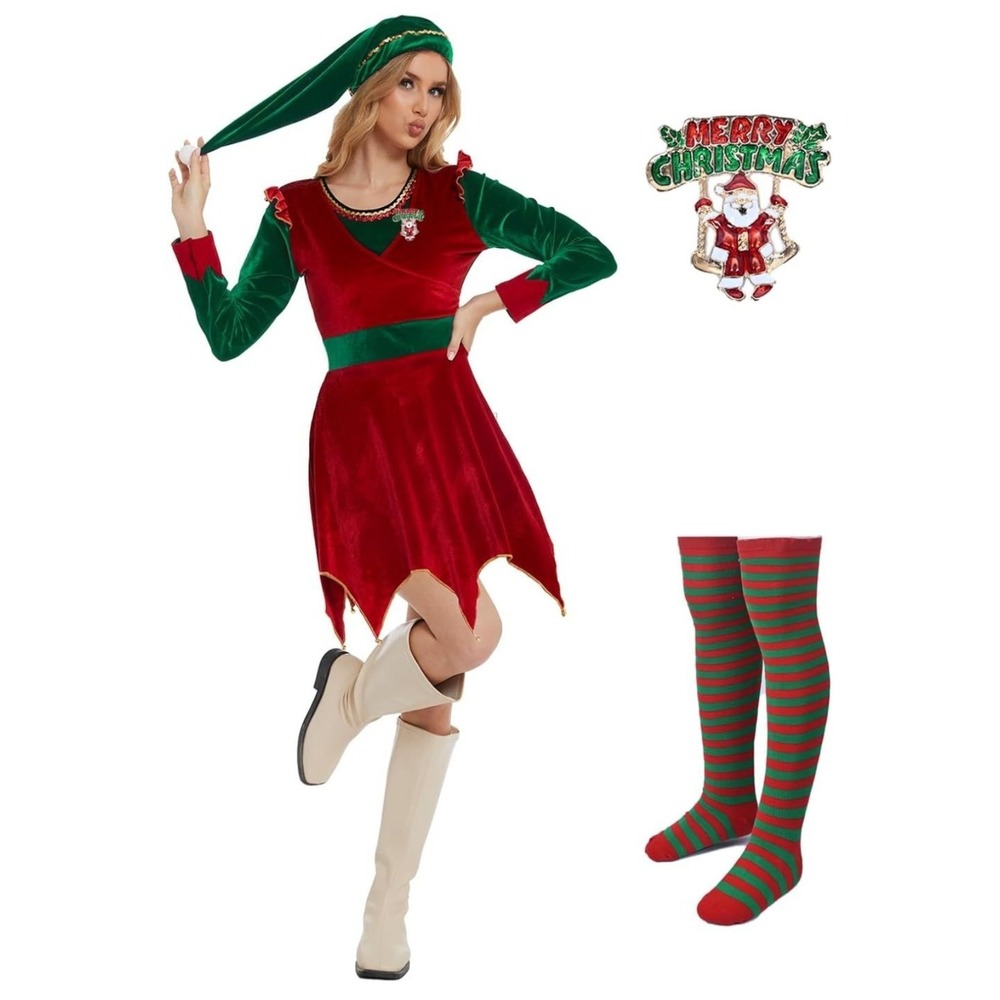 New Womens Festive Christmas Party Elf Costume - Red Green - XL